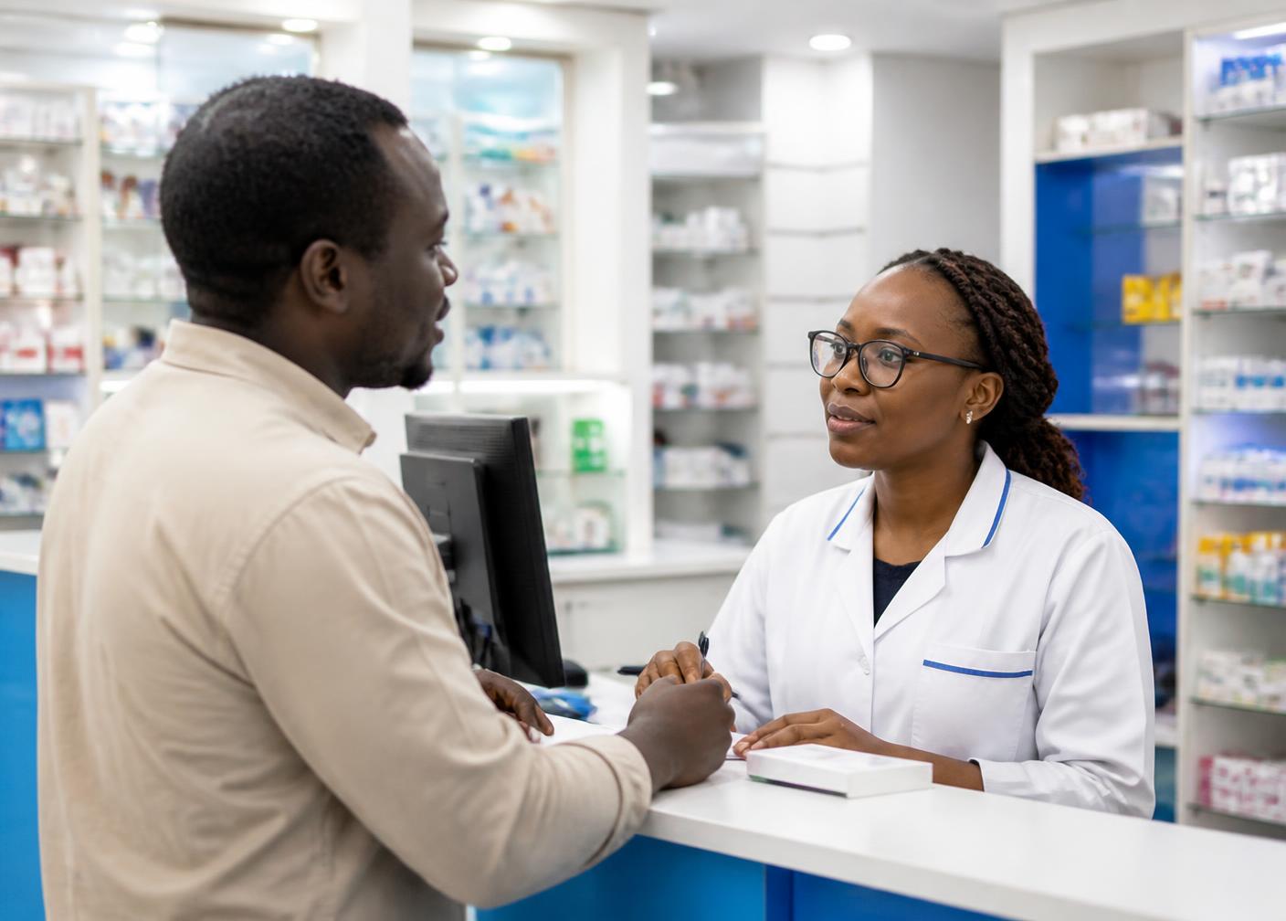 A customer receiving attentive assistance from a pharmacist